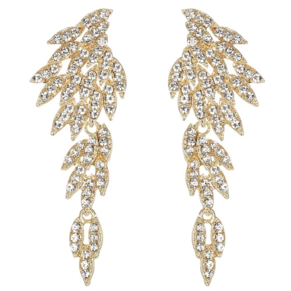 Yellow Gold with White Diamond Crystal Angel Wing Statement Chandelier Earrings